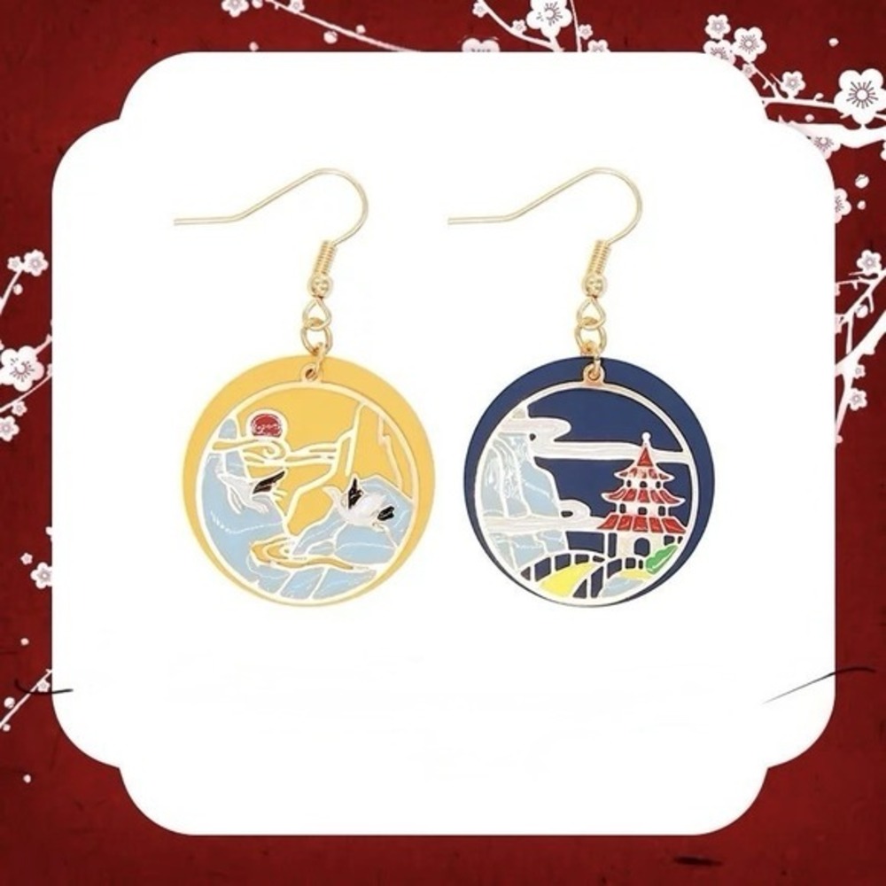 Asymmetrical Scenic Enamel Earrings – Crane & Pagoda‎ Design, Asian Style new